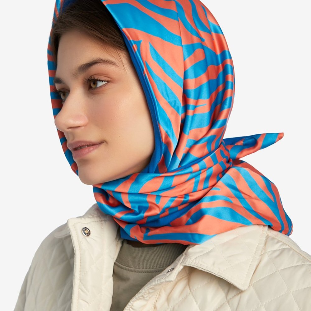Unu Silk Like Triangle Scarf Blue/Orange Shawl Nwt View 2